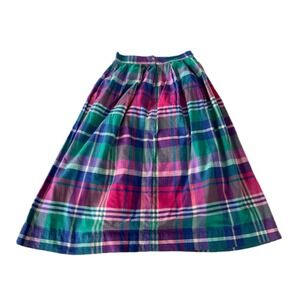 Vintage 70s The Villagers Plaid Cotton Midi Skirt Womens 12 Jewel Tone Pleated